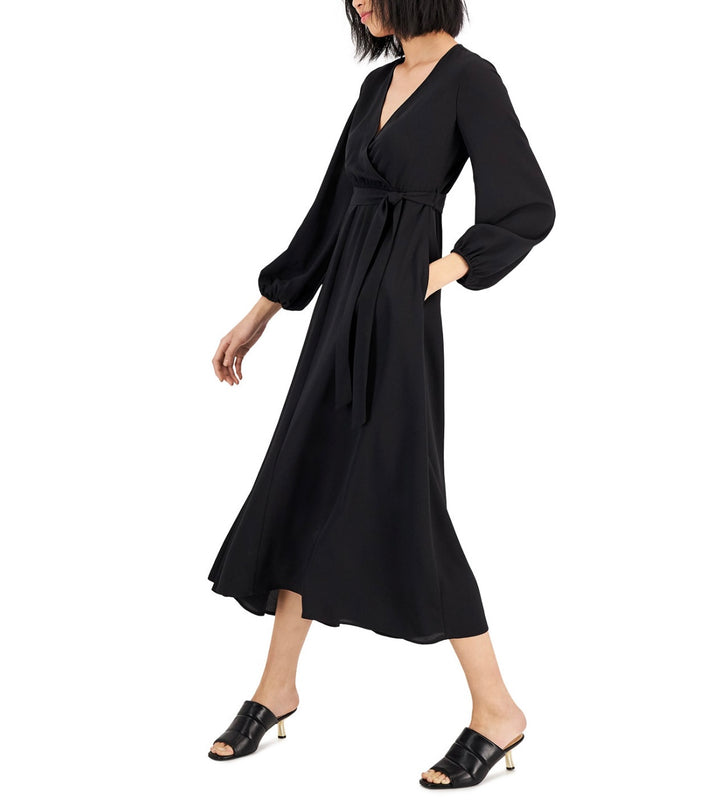 Alfani Women's Long Balloon Sleeves Faux-Wrap Dress Deep Black Petite Size PM