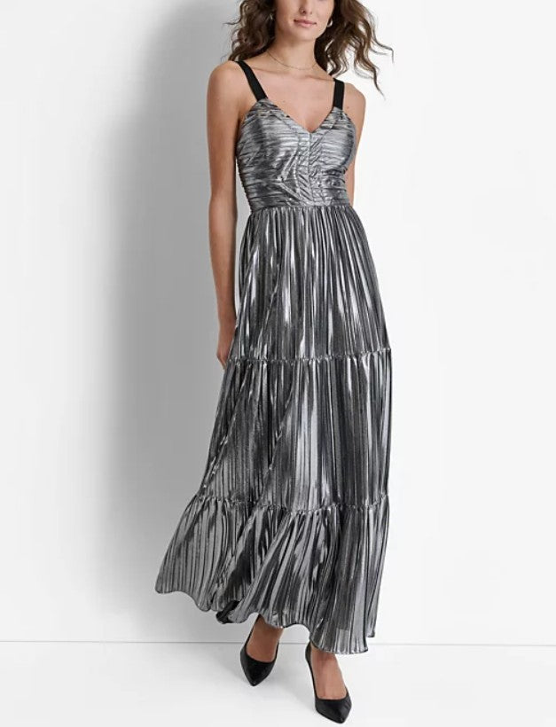 DKNY Women's Foil Plissé V-Neck Sleeveless Maxi Dress Silver Size M