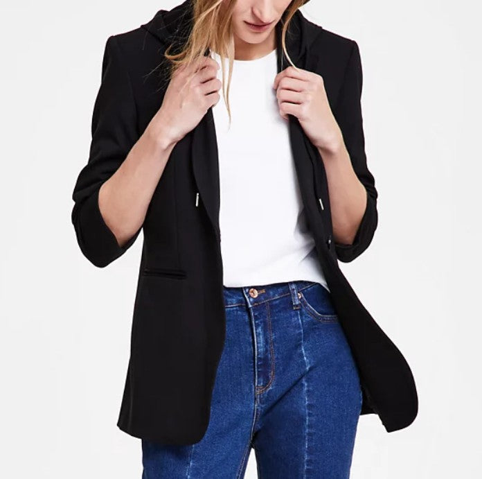 Anne Klein Women's Detachable Hooded Notch-Collar Compression Jacket Size S