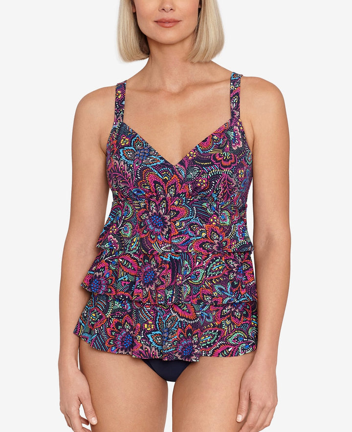 Swim Solutions Women's Printed Tummy-Control Tiered One-Piece Swimsuit
