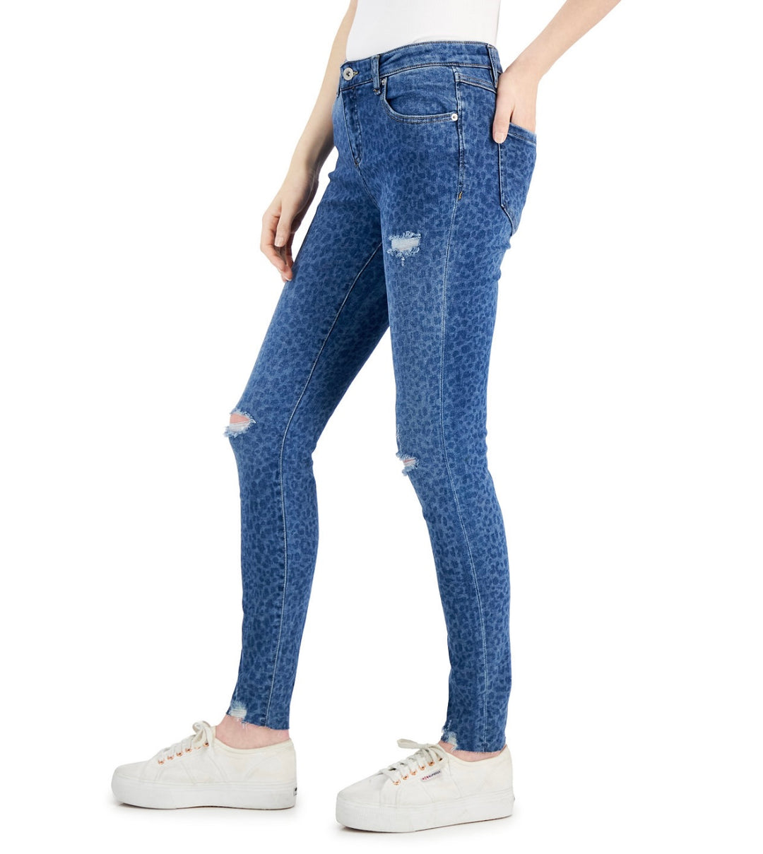 INC International Concepts Women's Mid Rise Ripped Leopard-Print Skinny Jeans