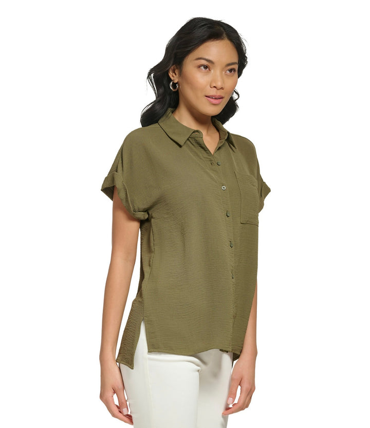 Calvin Klein Women's Short Sleeve Button Down Shirt Top Caper Size S