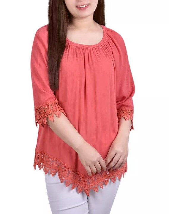 NY Collection Women's 3/4 Sleeve Peasant Blouse Spiced Coral Petite Size PS