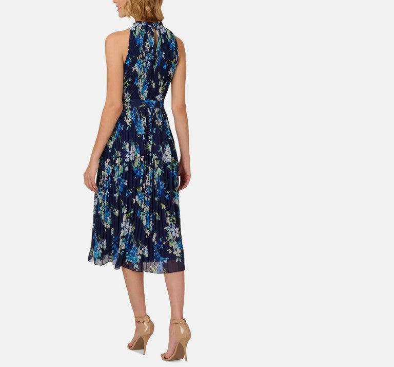 Adrianna Papell Women's Floral Pleated Chiffon Dress Navy Multi Size 12