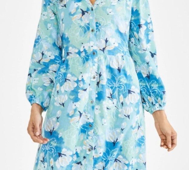 Style & Co. Women's Printed Linen Tiered Midi Dress Arles Floral Teal