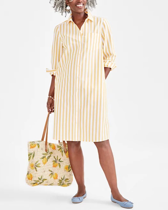 Style & Co. Women's Cotton Striped Shirtdress Bold Stripe Yellow Size M