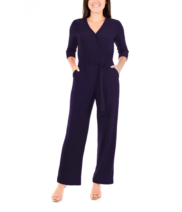 NY Collection Women's 3/4 Sleeve Belted Wide Leg Jumpsuit Navy Petite Size PXL