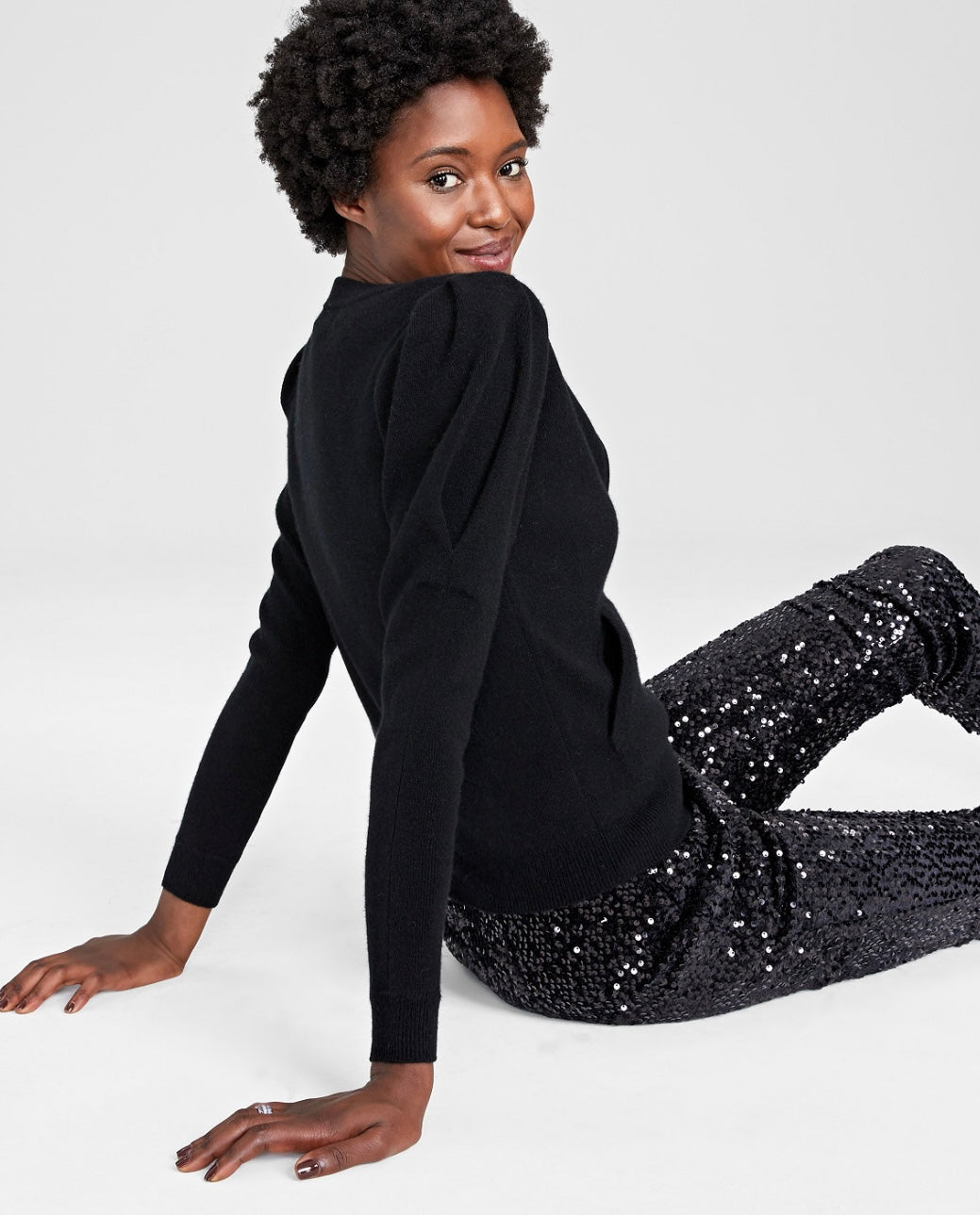 Charter Club Women's Petites Puff-Sleeve Zip-Up Sweater Classic Black Size PXL