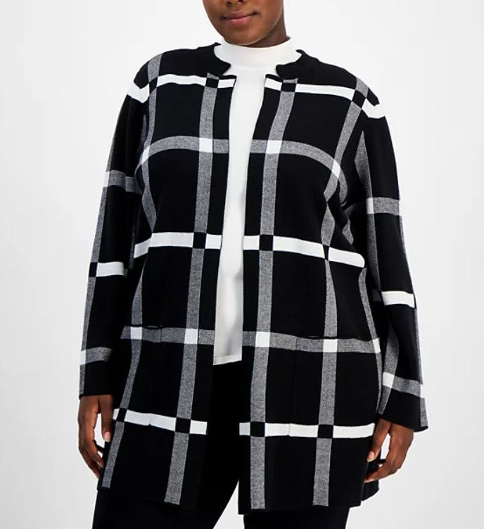 Kasper Women's Windowpane-Print Open-Front Cardigan Black-White Plus Size 2X
