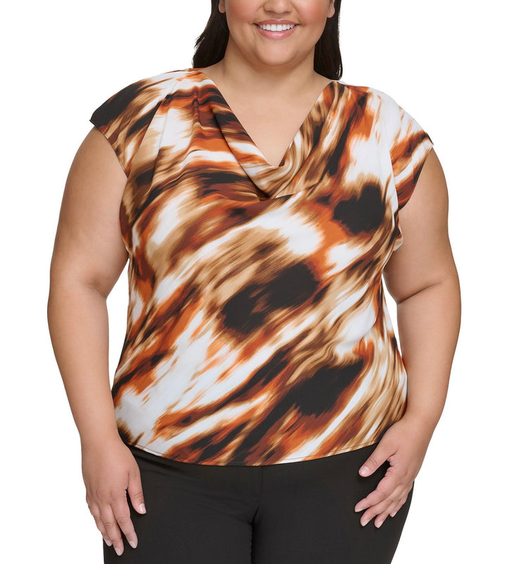 Calvin Klein Women's Printed Sleeveless Cowlneck Top Terra Multi Plus Size 2X