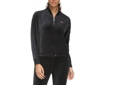 Tommy Hilfiger Sport Women's Cropped Velour Pullover Jacket Black Size XL