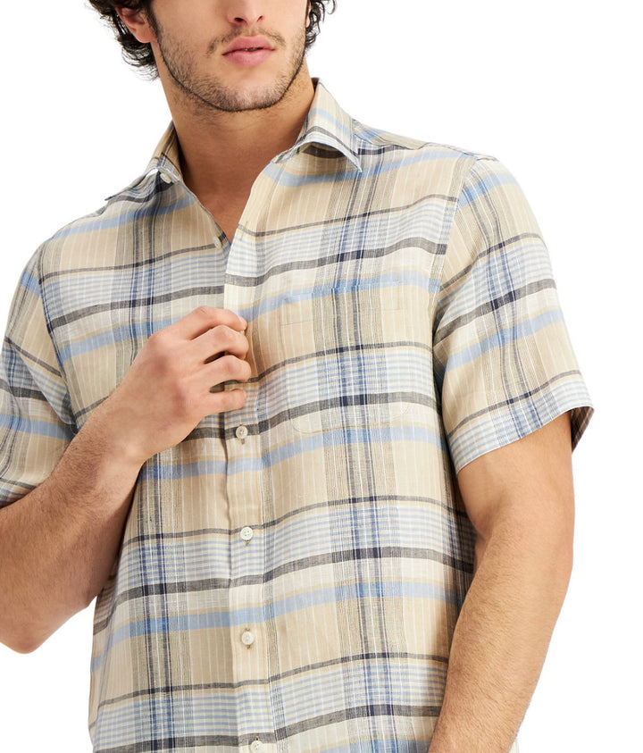 Club Room Men's Regular-Fit Plaid Linen Shirt Khaki Combo Size M