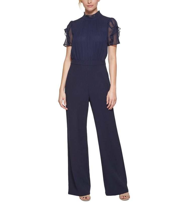 Vince Camuto Women's Mixed Media Wide Leg Jumpsuit Navy Size 8