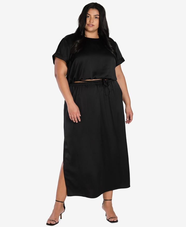 Bar III Women's Nicole Williams English Satin Maxi Skirt Black Plus Size 2X