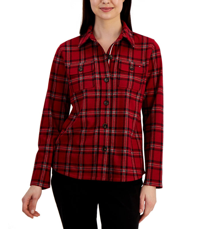 Tommy Hilfiger Women's Collared Plaid Shirt Jacket Plaid Chili Pepper Multi