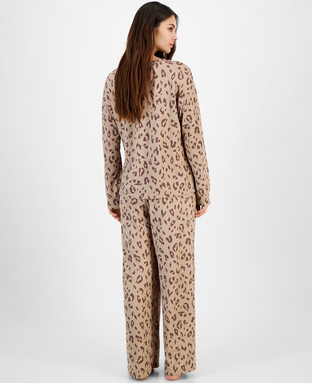 Jenni Women's Long Sleeve Cozy Pajama Set Brown Spacedye Leopard Size M