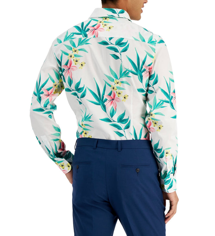 Bar III Men's Slim Fit Tropical-Print Dress Shirt White Green