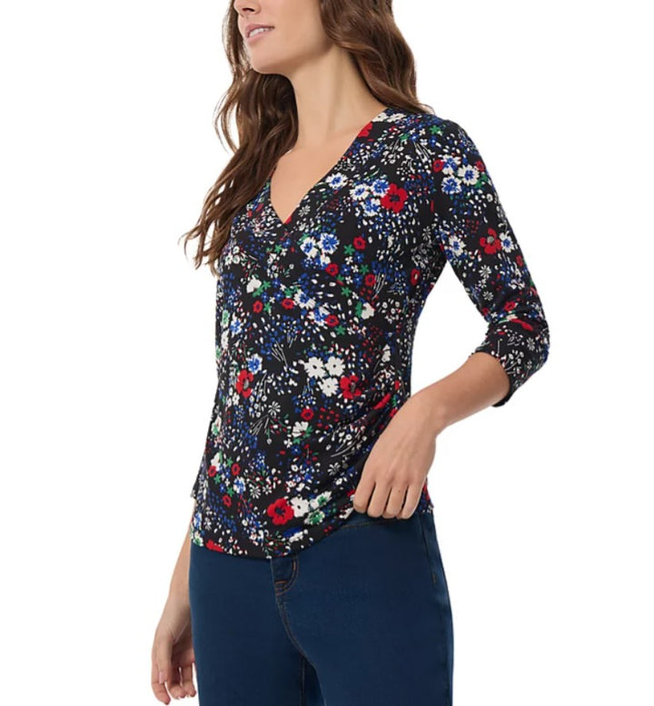 Jones New York Women's Floral-Print Faux-Wrap Top Multi Black Size S