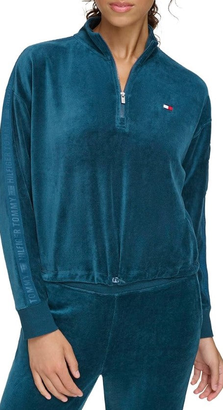 Tommy Hilfiger Women's Cropped Velour Pullover Jacket Oceanic