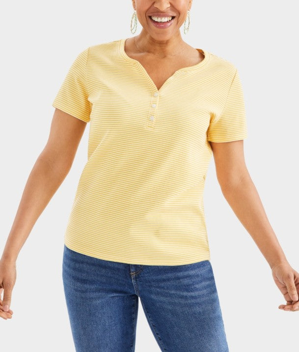 Style & Co. Women's Striped Short-Sleeve Henley Top Yellow Stripe Size L