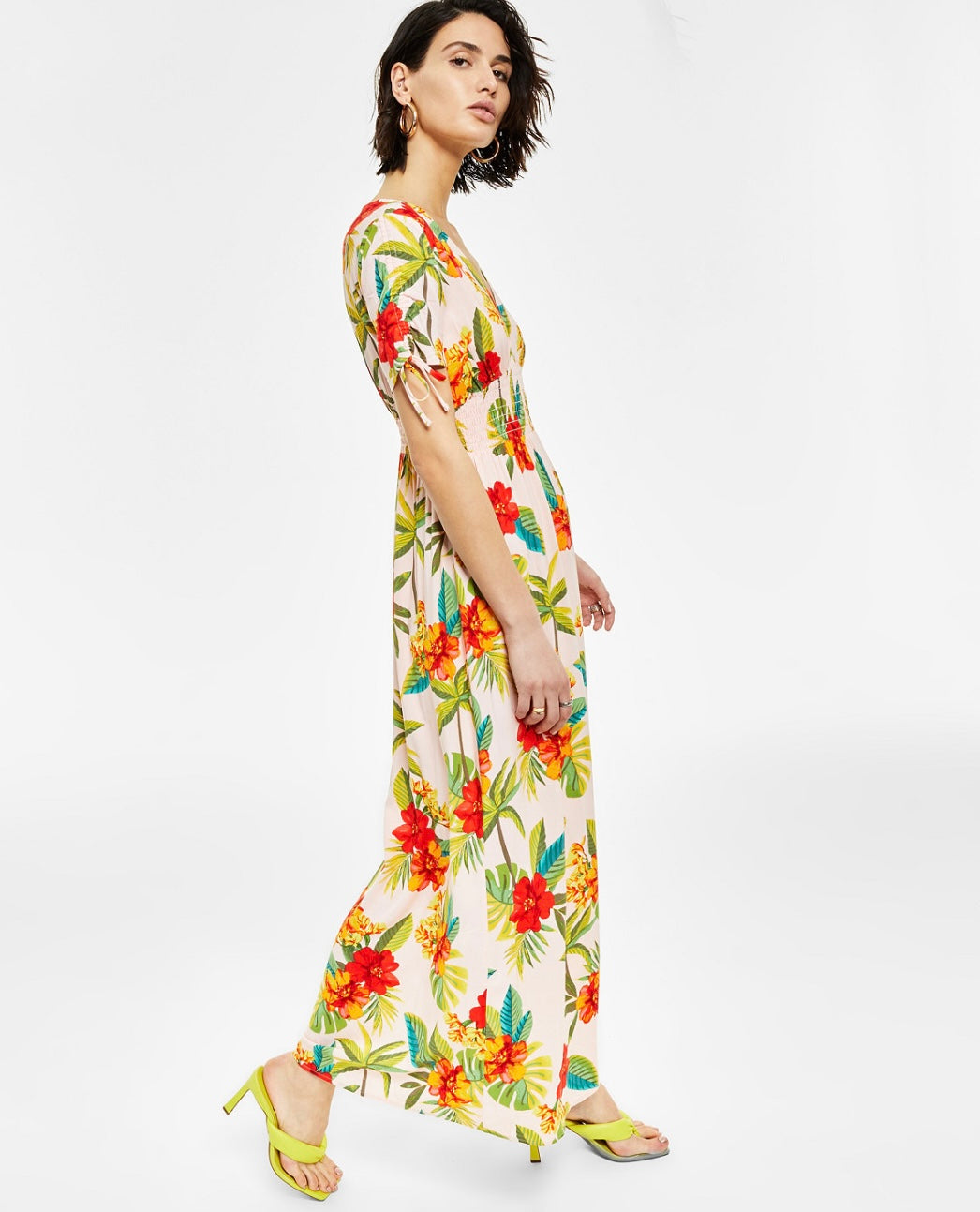 Bar III Women's V-Neck Floral Maxi Dress Habiscus Jungle