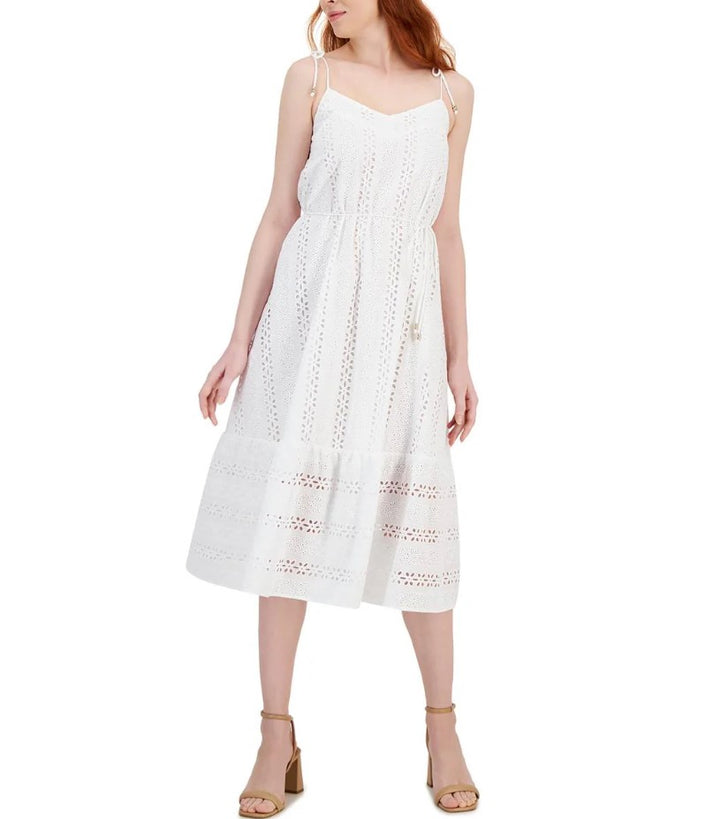 T Tahari Women's Sleeveless Cotton Mid Calf Sundress White Star