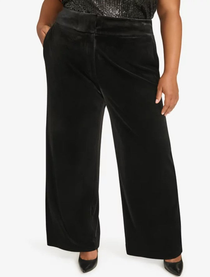 Calvin Klein Women's High Rise Wide Leg Velvet Pants Black Plus Size 24W