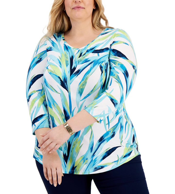 JM Collection Women's Printed 3/4-Sleeve Top Bright White Combo Plus Size 3X