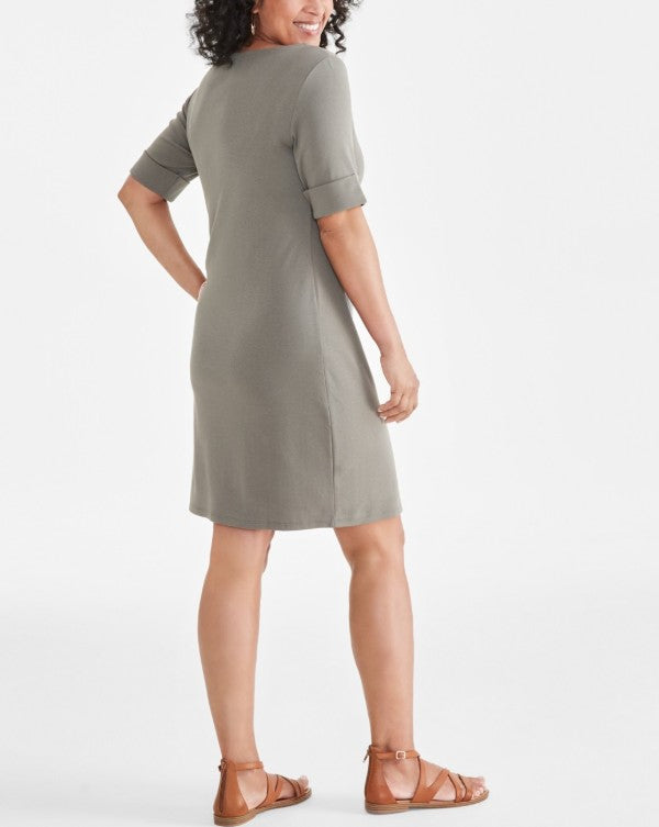 Style & Co. Women's Cotton Boat-Neck Elbow-Sleeve Dress Olive Size M