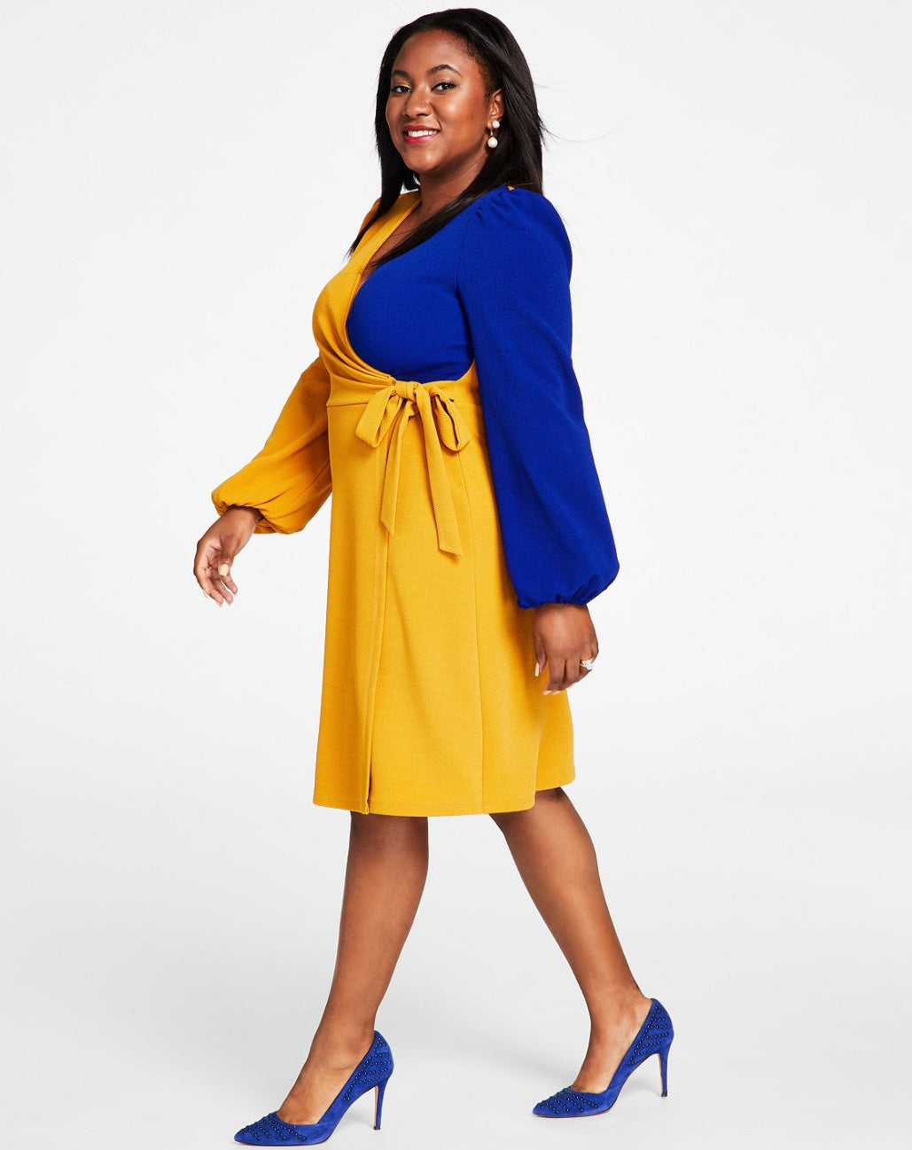 Kasper Women's Colorblocked Surplice Side-Tie Dress Gold/Royal Blue Size L