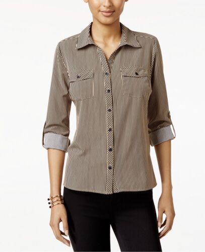 NY Collection Women's Petite Shirt Beige Striped Cuffed Collared Button Up