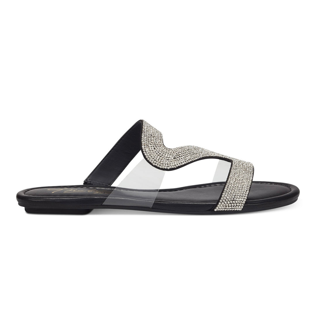 Thalia Sodi Women's Bianca Faux Leather Rhinestone Slide Sandals Black Size 8.5M