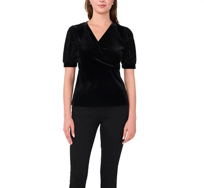 Sam & Jess Women's Velvet Faux-Wrap Flocked-Sleeve Top Black Size L