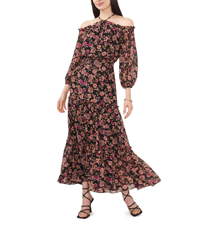 1.State Women's Long Sleeves Smocked Halter Maxi Dress Wood Block Floral Size M