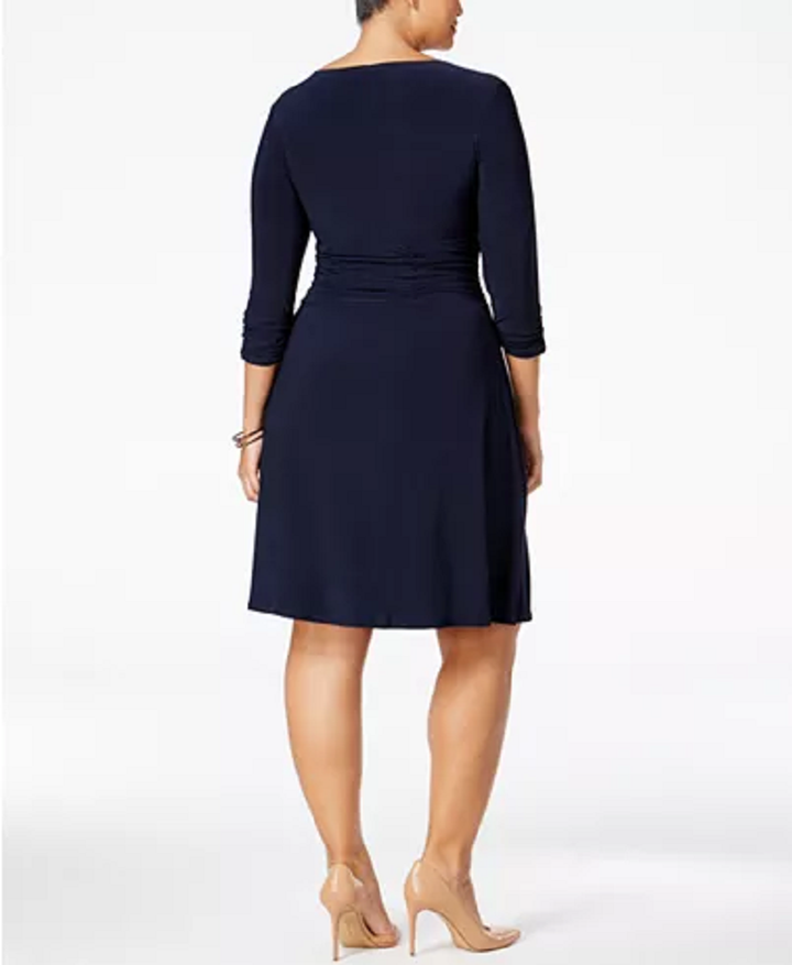 Ny Collection Women's Plus Ruched A-Line Dress 3/4 Sleeve Navy Size 2X