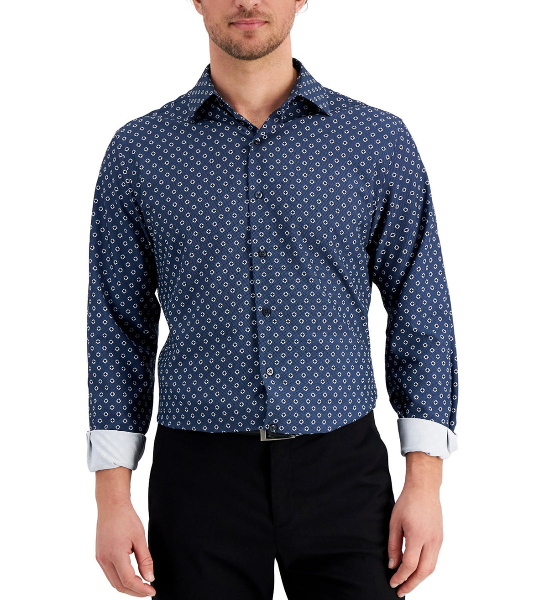 Alfani Men's Slim Fit 4-Way Stretch Geo-Print Dress Shirt Navy White CL Quality Store Alfani Men's Slim Fit 4-Way Stretch Geo-Print Dress Shirt Navy White CL Quality Store