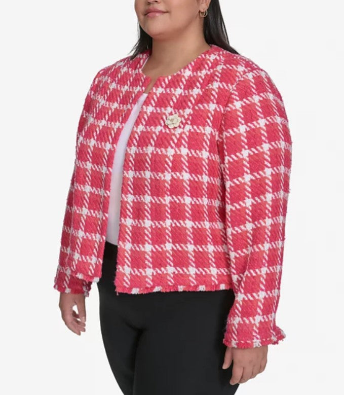 Karl Lagerfeld Paris Women's Open Tweed Short Jacket Tea Berry Sunset Coral