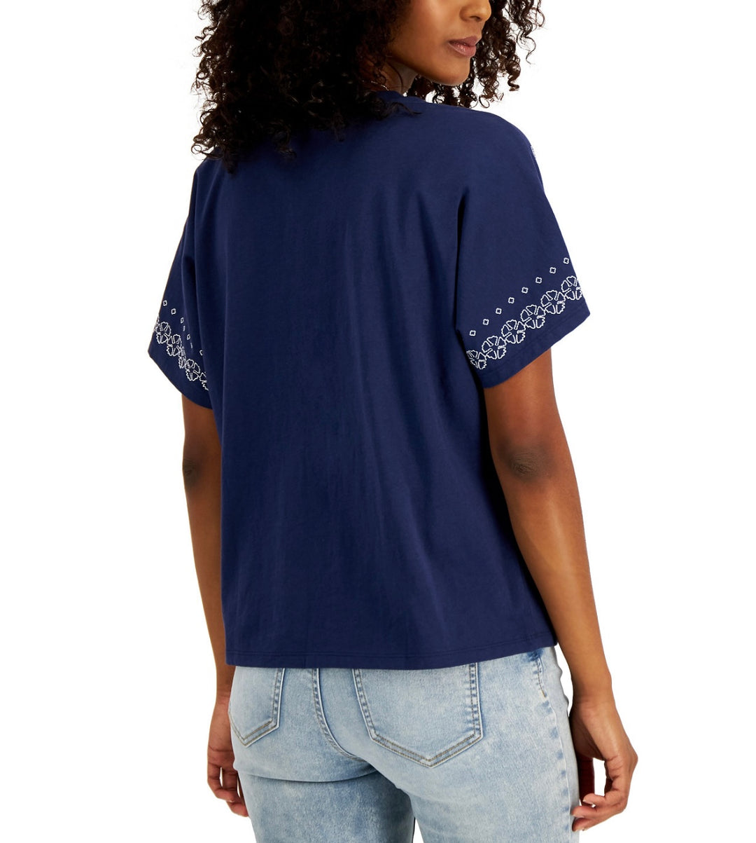 INC International Concepts Women's Embroidered Cotton T-Shirt Indigo Sea Size M