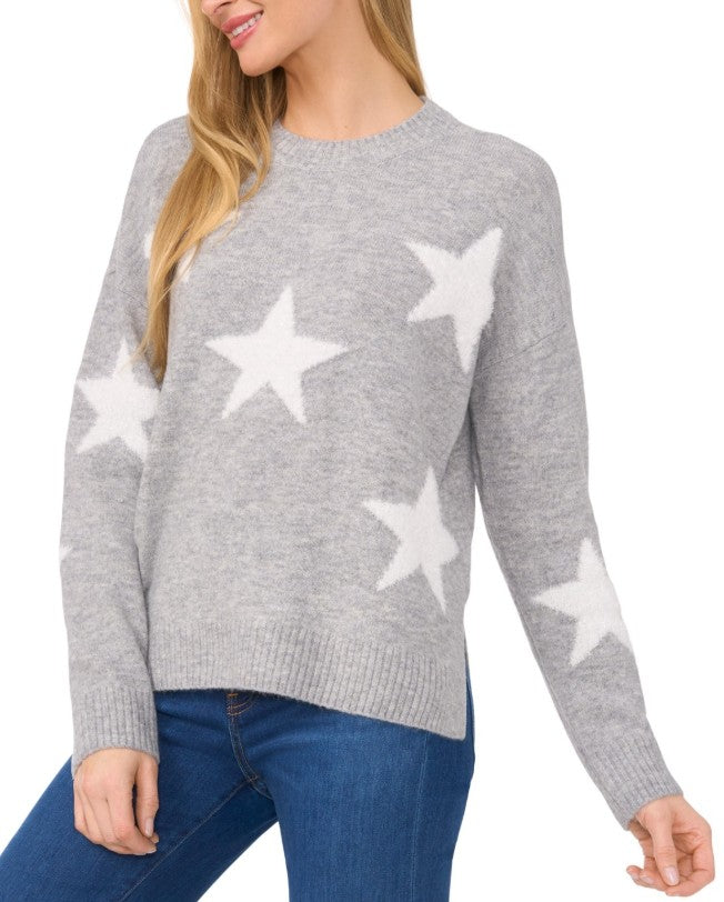 CeCe Women's Star-Print Long-Sleeve Crewneck Sweater Light Heather Grey Size M