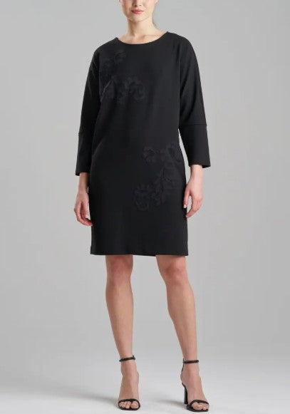 Natori Women's Scuba Crepe Wedge Dress with Embroidered Black Size M