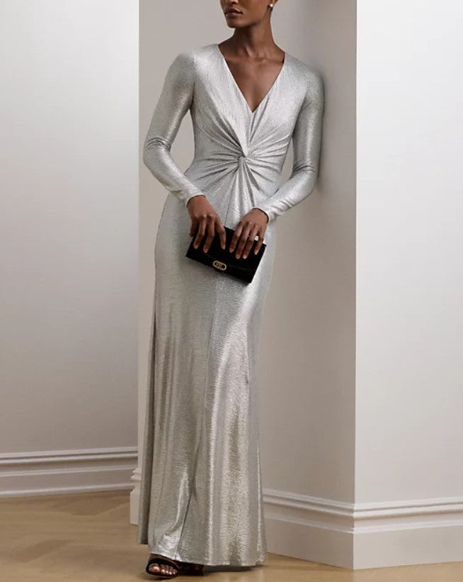 Lauren Ralph Lauren Women's Metallic Knit Twist-Front Gown Dress Silver