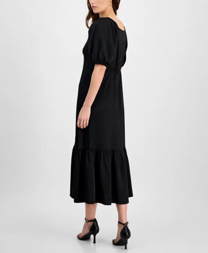 Anne Klein Women's Rhinestone Puff-Sleeve Midi Dress Black Size 12