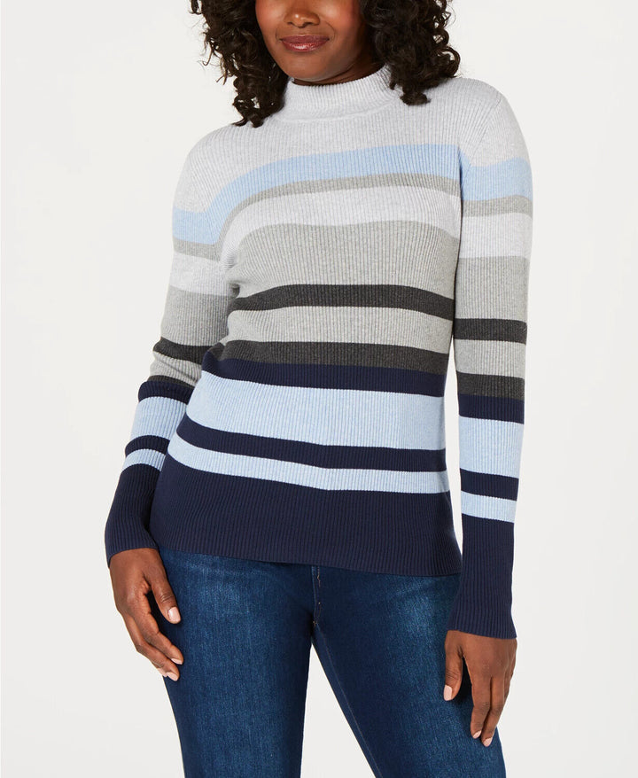 Karen Scott Women's Cotton Striped Mock-Turtleneck Sweater Blue Combo Size XXL