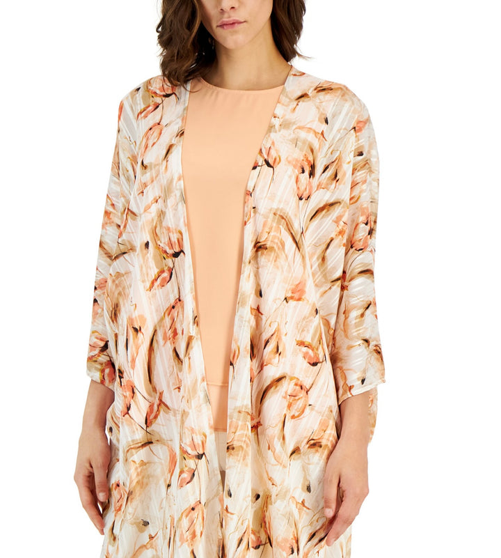 Anne Klein Women's Printed Open-Front Chiffon Kimono White-Rose Clay Size L/XL