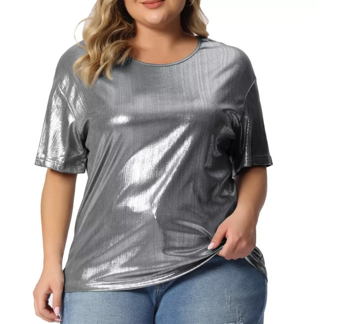 Agnes Orinda Women's Metallic Holographic Concert Carival Party Blouse Silver