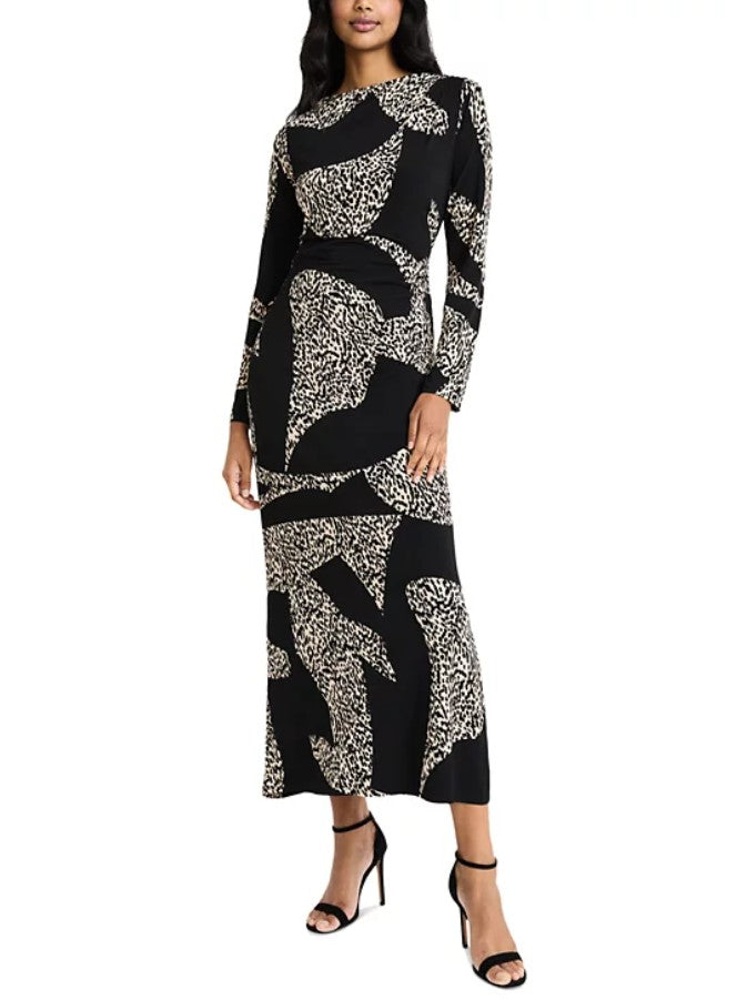 Donna Morgan Women's Printed Long Sleeve Maxi Dress Black Cream Size 6