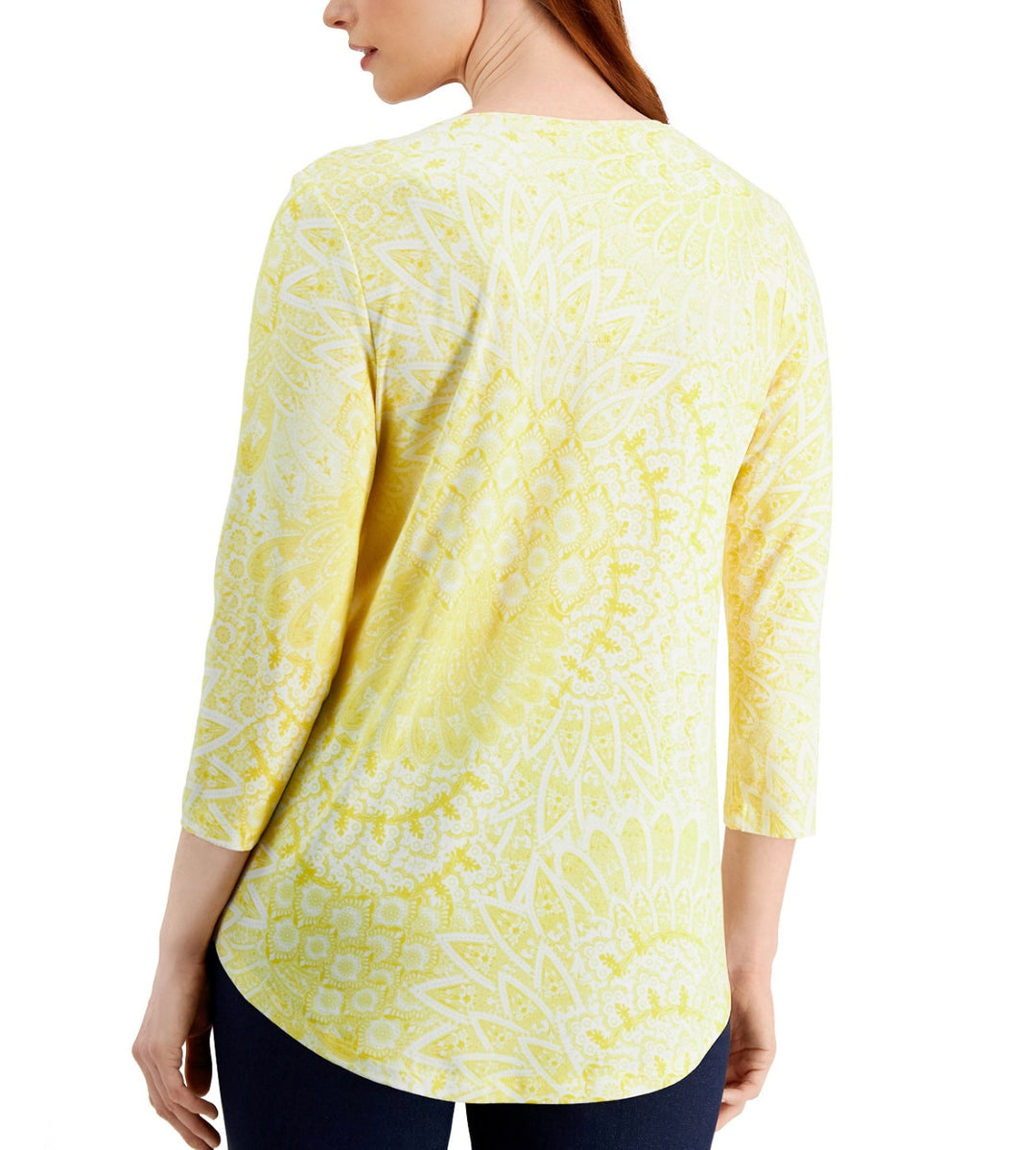 JM Collection Women's 3/4-Sleeve Printed Top White/Yellow Petite Size PL