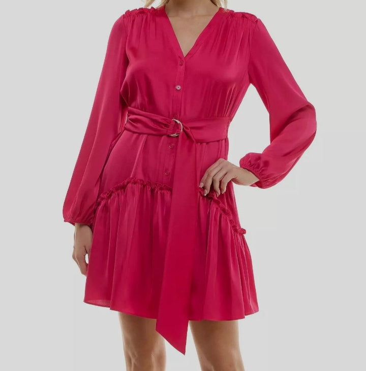 Taylor Women's Ruffled-Hem Tie-Waist Fit & Flare Dress Bright Rose Size 16