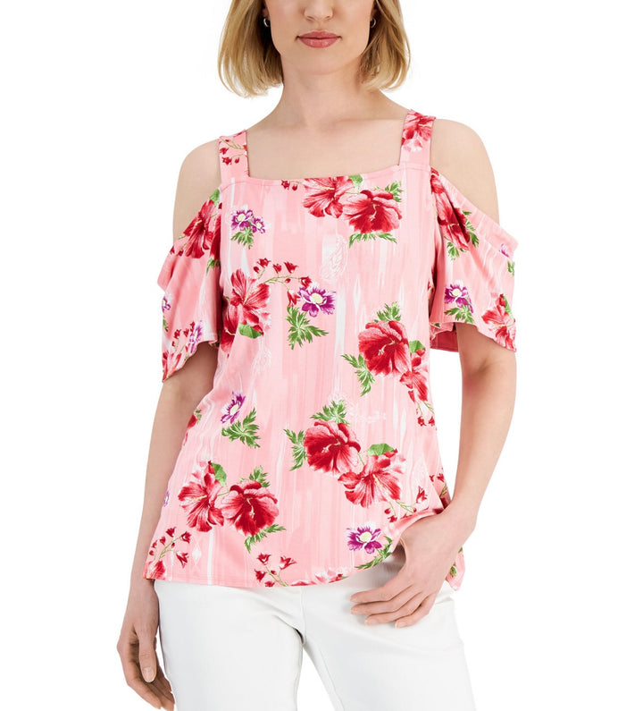JM Collection Women's Floral Printed Cold-Shoulder Top Cherry Fla Combo
