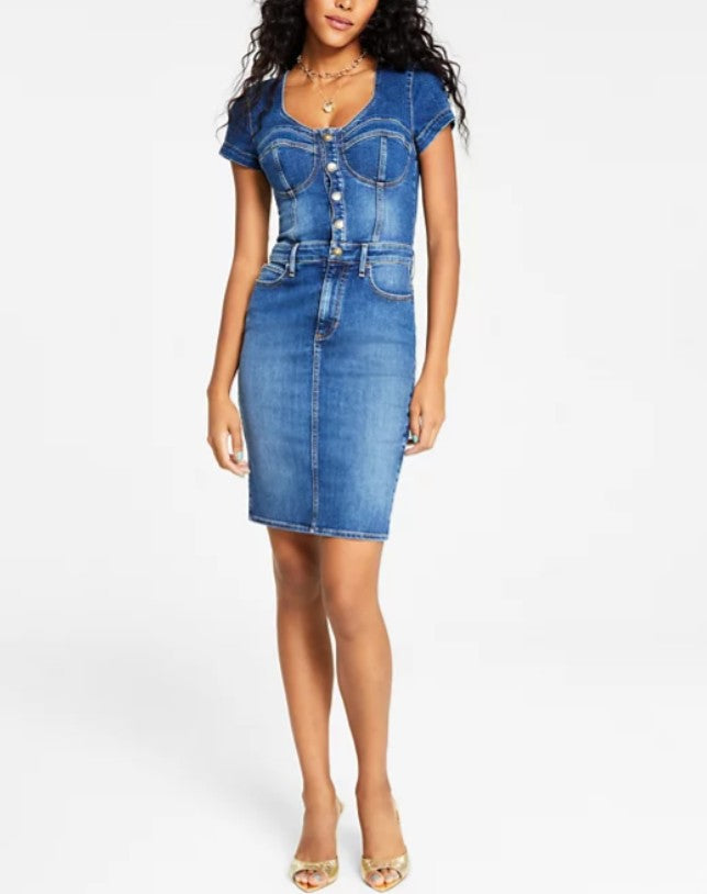 Guess Women's Naomy Button-Front Corset Denim Dress Blue Size L